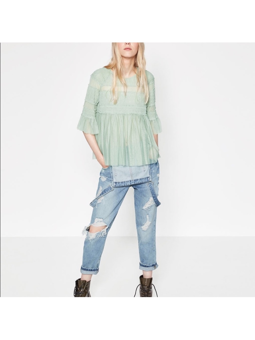 Zara Women’s Sheer Tulle Mint Sea foam Green Ruffled Peplum Babydoll Top - Picture 7 of 15